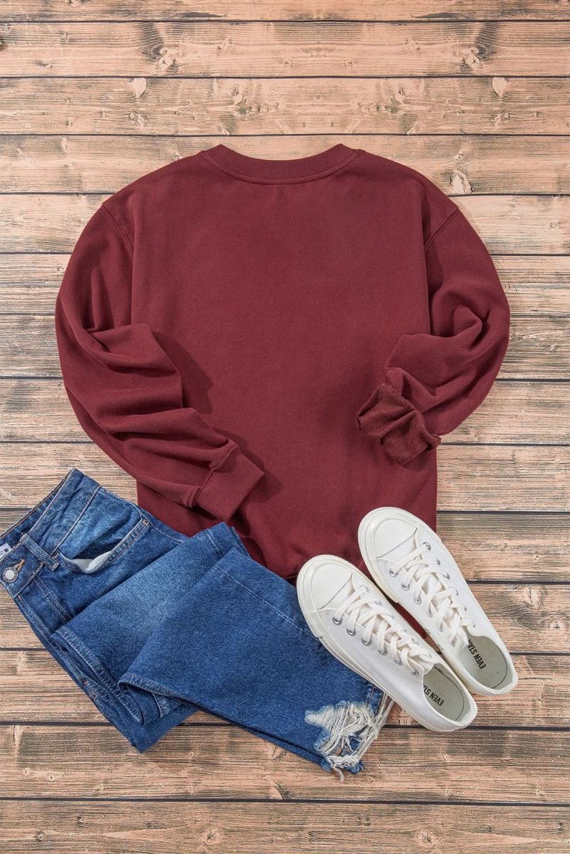 Burgundy Plain Drop Shoulder Crewneck Pullover Sweatshirt - Love Salve